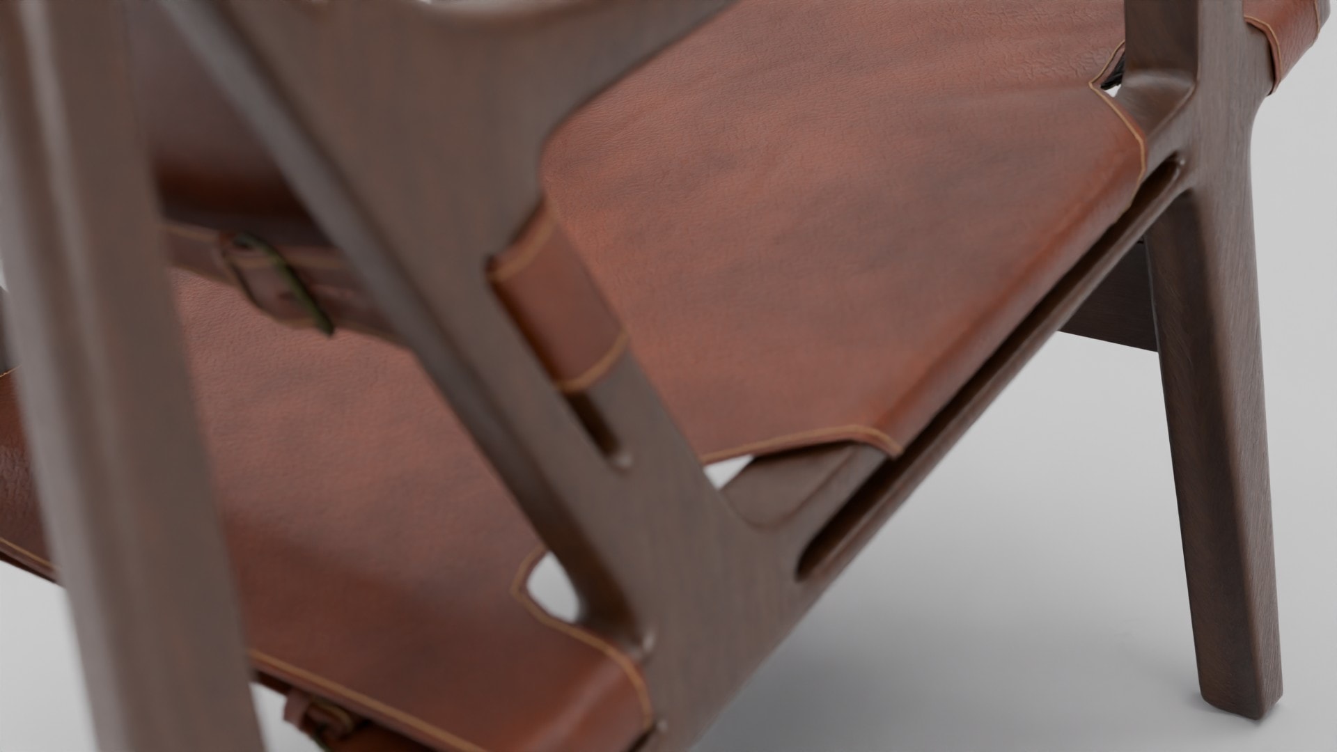 Detalle lateral del diseño en 3D de la silla Sagrada, inspirada en el estilo de Soho House. Fabricada con robusta madera de roble, asiento y respaldo de cuero vegetal en tono marrón y correas con hebillas en la parte trasera para un toque de estilo adicional.